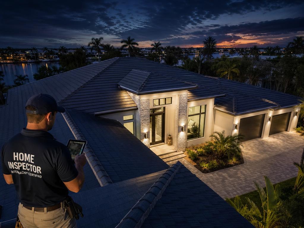 Inspector reviewing a roof with a tablet at dusk
